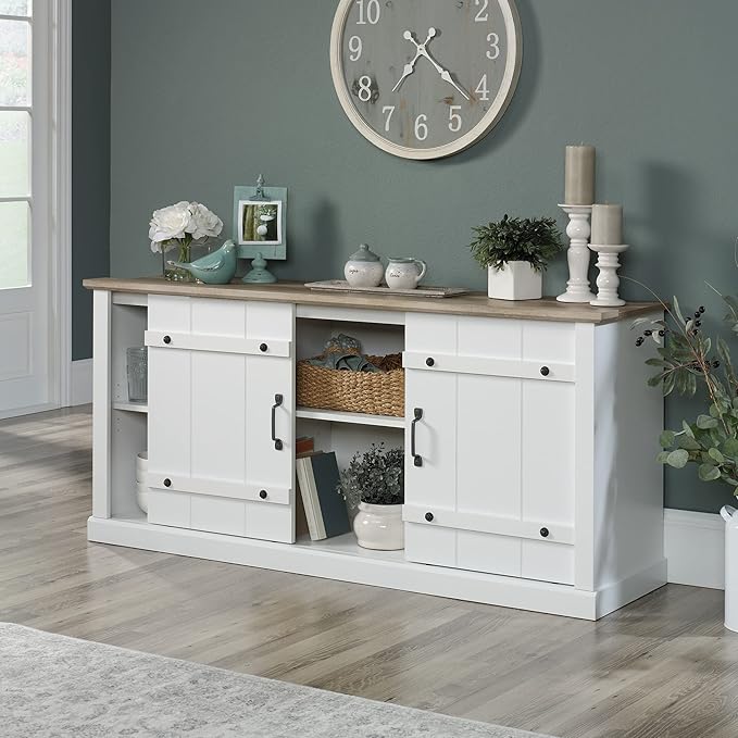 Sauder Miscellaneous Entertainment Farmhouse TV Stand, for TVs up to 70", Soft White Finish