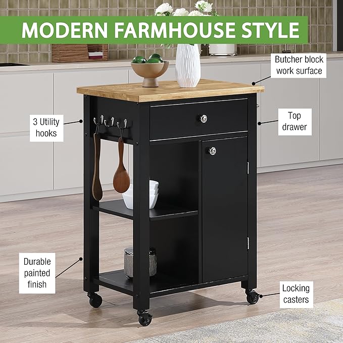 OSP Home Furnishings Derry Modern Farmhouse Kitchen Cart with Natural Butcher Block Top, Rolling Storage Cabinet with Drawer, Shelves, Hooks, Black Finish