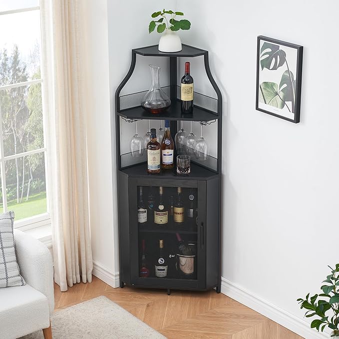 GarveeHome Corner Wine Cabinet with Detachable Wine Rack, 5-Tier Industrial Corner Bar Cabinet with Barn Door and Glass Holder, Farmhouse Buffet Cabinet and Home Bar, Black