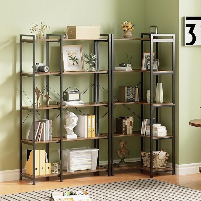 Tohomeor Bookshelf 5 Tier Deformable Corner Bookcase Free Standing Modern Industrial Book Storage Display Book Shelf for Bedroom Living Room Study Room Office (Brown)