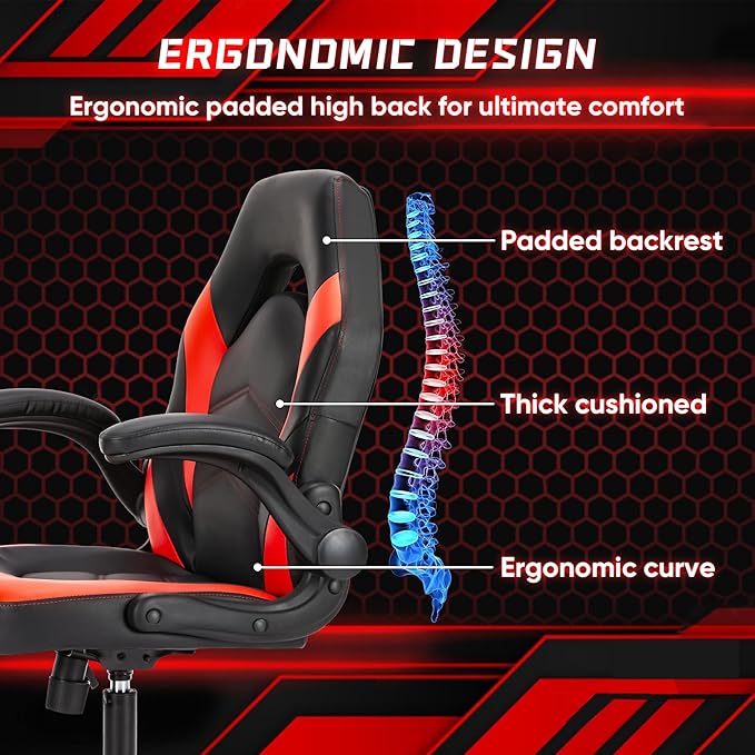 OLIXIS Computer Gaming Desk Chair - Big and Tall Ergonomic Comfy Lumbar Support with Flip-up Armrest and 360° Swivel Wheels, PU Leather Height Adjustable, for Home and Office, Red