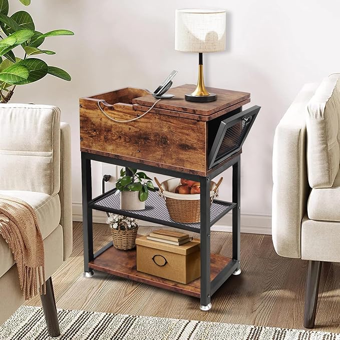 Flip Top End Table for Living Room, 28 inch Side Table, 12" D x 24" W x 28" H, Narrow Side Table with Drawer, 8.4" Deep Drawer, End Table with Charging Station, Steel X-Shaped Frame, Rustic Brown