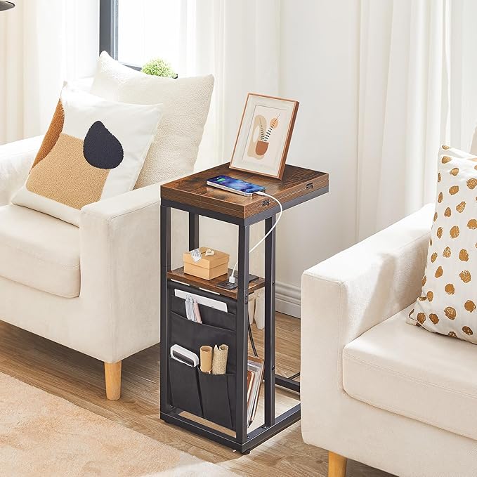HOOBRO Foldable End Table with Charging Station, C Shaped Side Table with Storage Bag, Slide Under Sofa Couch Table for Small Spaces in Living Room, Bedroom, Easy Assembly, Rustic Brown BF101USF01