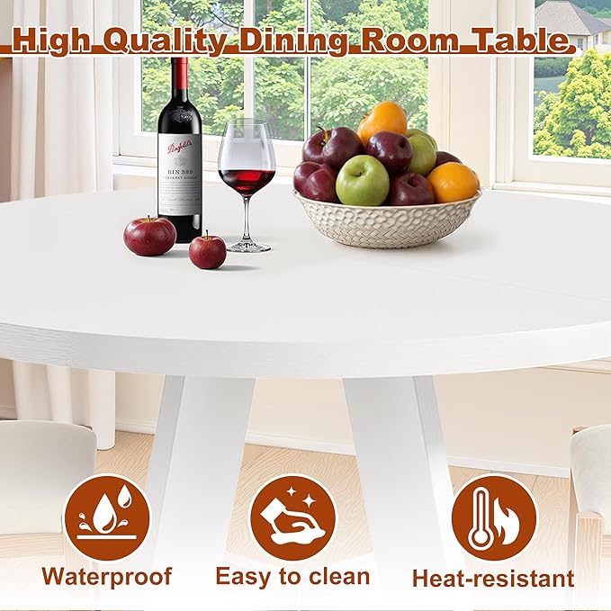 Round Dining Table for 4, 47 Inch Dinner Table Farmhouse Wooden Circle Kitchen Tables with Cross Base for Dining Room, Kitchen, Living Room, White