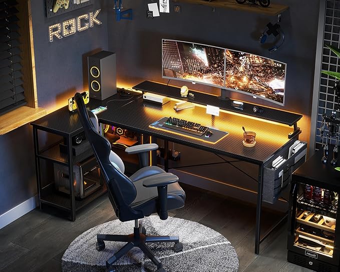 ODK 66 Inch Gaming Desk with USB Charging Ports and LED Lights, Reversible L Shaped Computer Desk with Storage Shelves & Monitor Stand, Corner Gamer Desk Table with Power Outlets, Carbon Fiber Black