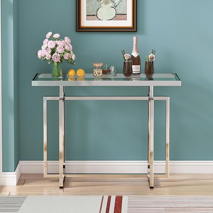 ASYA Glass Console Table for Entryway, Modern Entryway Table with Tempered Glass & Chrome Frame, Silver Sofa Table for Living Room Hallway