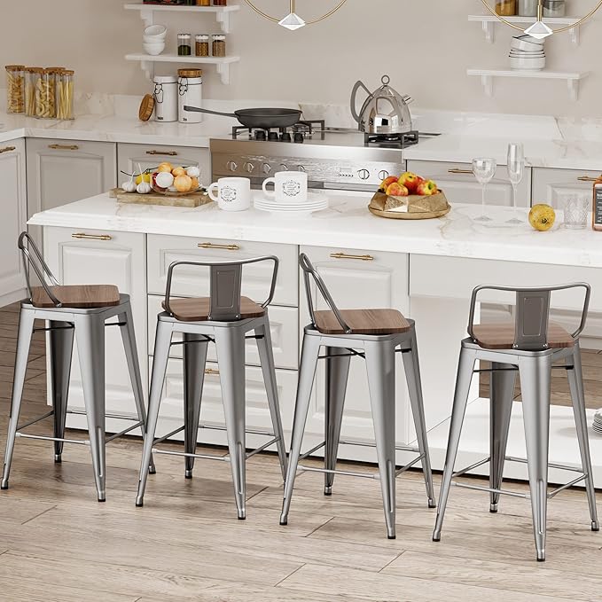 30 Inch Swivel Bar Stools Set of 4 with Backs Counter Height Industrial Metal Barstools Island Bar Chairs for Home Kitchen Dining Room (Swivel 30 inch, Silver Wooden)