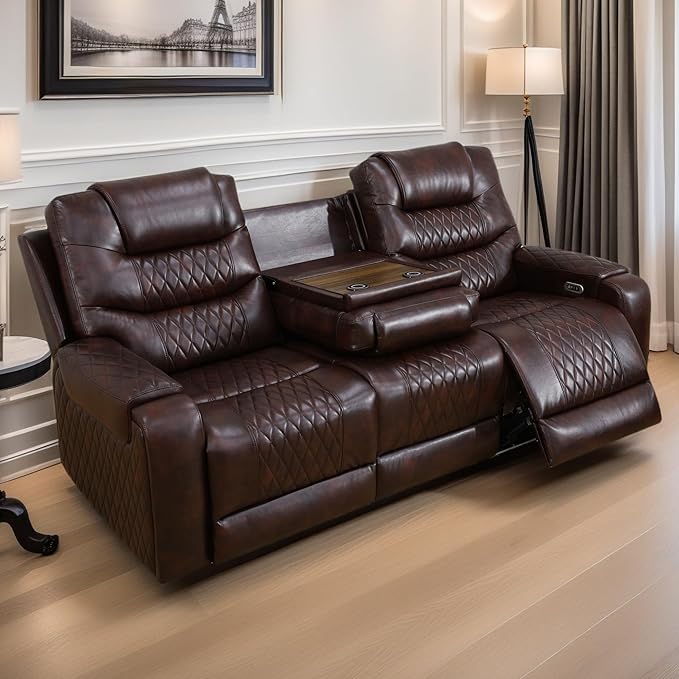 Loveseat Recliner Sofa, Reclining Loveseat Leather Couch with Storage Console, Modern Comfy Home Theater Seating Power Recliner Chair with Cup Holders for Living Room Furniture Sets, Brown