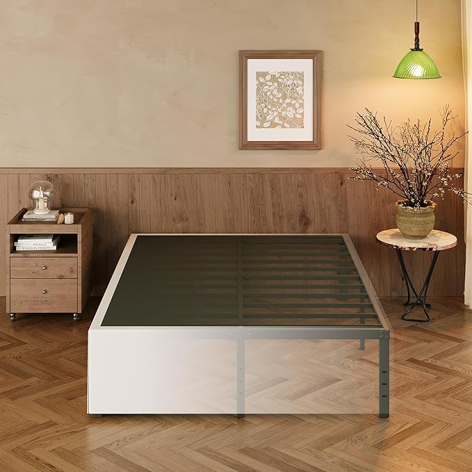 EMODA 18 Inch King Bed Frame with White Fabric Cover, Heavy Duty Metal King Platform Bed Frame No Box Spring Needed, Noise Free, Easy Assembly