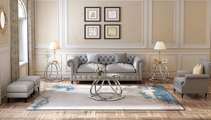 O&K FURNITURE Glass Coffee Table, Modern Silver Coffee Table Living Room Table with Hexagonal Base, Round Coffee Table for Home&Office, Chrome Finish, 1 PC