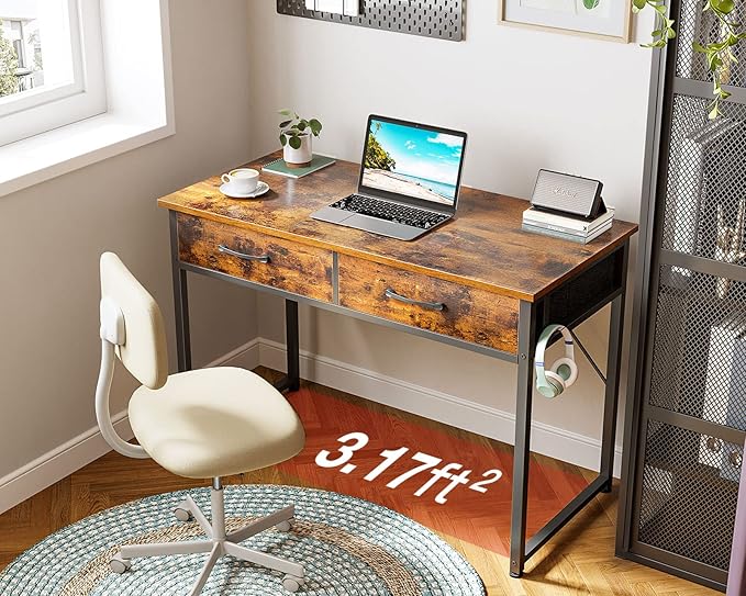 Casaottima 40 Inch Small Office Computer Desk with 2 Drawers & Headphone Hook - Compact Writing Desk for Home Office, Study or Work, Modern Space-Saving Design for Small Spaces, Pure Vintage