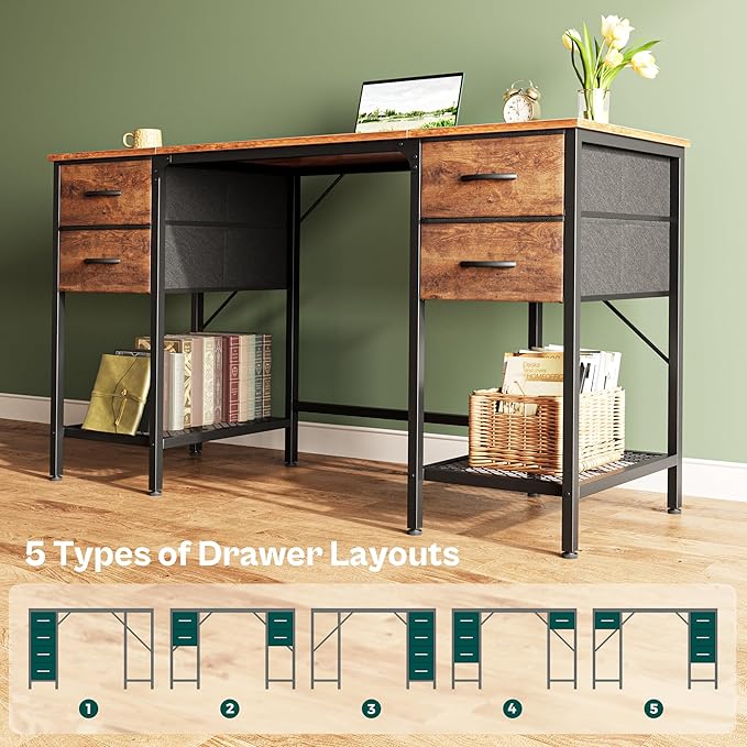 Huuger 55 Inch Computer Desk with 4 Drawers, Office Desk with Mesh Shelf, Gaming Desk, Large Storage, Writing Desk Work Desk for Home Office, Study, Bedroom, Work from Home, Rustic Brown