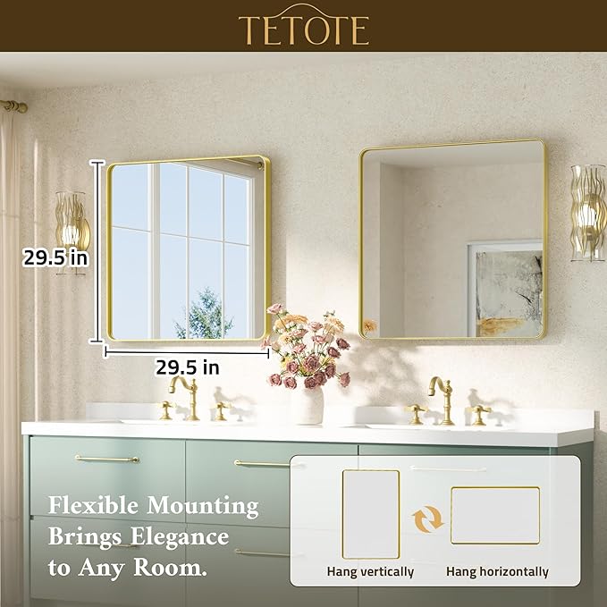 TETOTE Brushed Gold Bathroom Mirror 30 x 30 Gold Metal Framed Bathroom Mirror, Tempered Glass, Modern Farmhouse Wall Mounted Mirror for Decorative(Horizontal/Vertical)