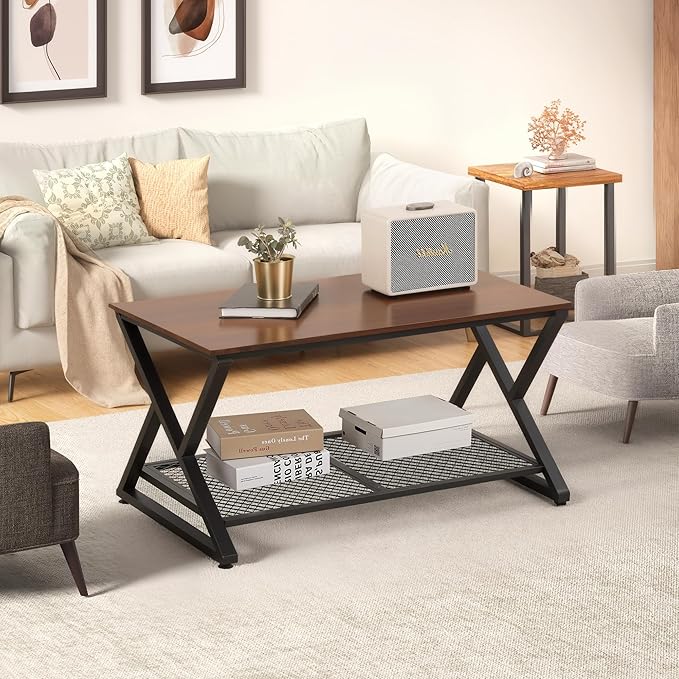 SENIG Coffee Table with Storage Shelf, Industrial Metal Wood Living Room Tables, Rectangle Center Table 39 Inch, Vintage Simple 2 Tier Cocktail Table, Brown