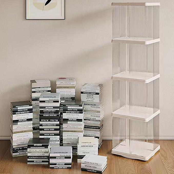 4 Tier Rotating Bookshelf Tower,360 Display Rotating Bookshelf,53.4 inch High Small Space Revolving Bookcase, Home Office Spinning Bookshelf Tower(Rectangular, White)