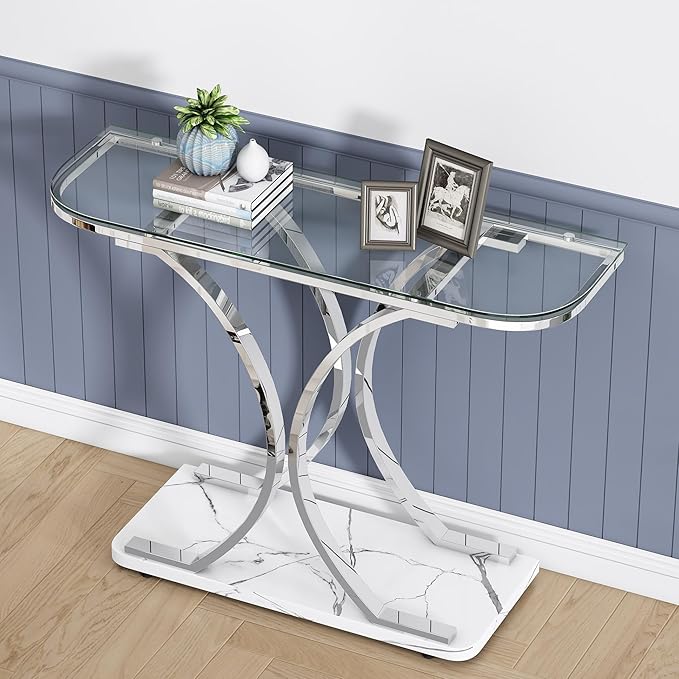 O&K FURNITURE Silver Glass Console Tables for Entryway,Glass Entryway Table with Curved Frames and Marble Base, Modern Entrance Table Sofa Table for Living Room,Hallway,Silver Glass&White Marble