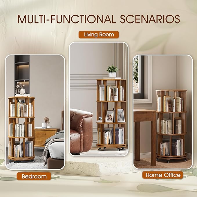3 Tier Rotating Bookshelf Tower Spinning Bookshelf with Swivel Wheels Book Shelf Rotating Storage Tower for Kids Adult Narrow Walnut Solid Wood Revolving Bookcase Organizer for Bedroom Living Room