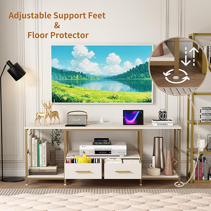 TV Stand for 75 Inch TV, TV Stands for Living Room with 2 Storage Drawers, Entertainment Center with Power Outlets, TV Stand for Bedroom, Television Stands, White/Gold