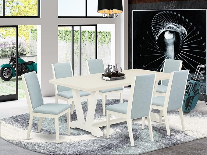 East West Furniture V027LA015-7 7 Piece Dining Table Set Consist of a Rectangle Dining Room Table with V-Legs and 6 Baby Blue Linen Fabric Parsons Chairs, 40x72 Inch, Multi-Color