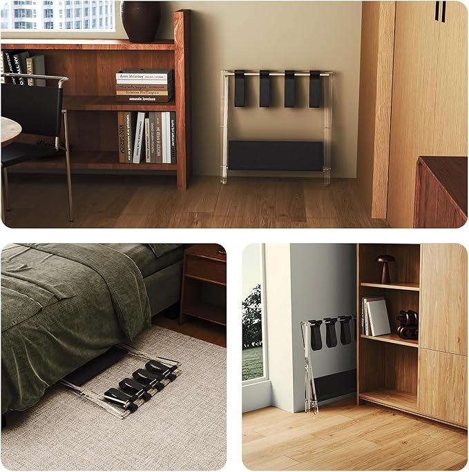 Sumerflos Acrylic Luggage Rack for Guest Room - Foldable Suitcase Stand with Leather Straps for Bedroom Living Room Hotel Heavy-Duty, Holds up to 50-100 lb lightweight Space Saving (Black & Shelf - 1 Pcs)