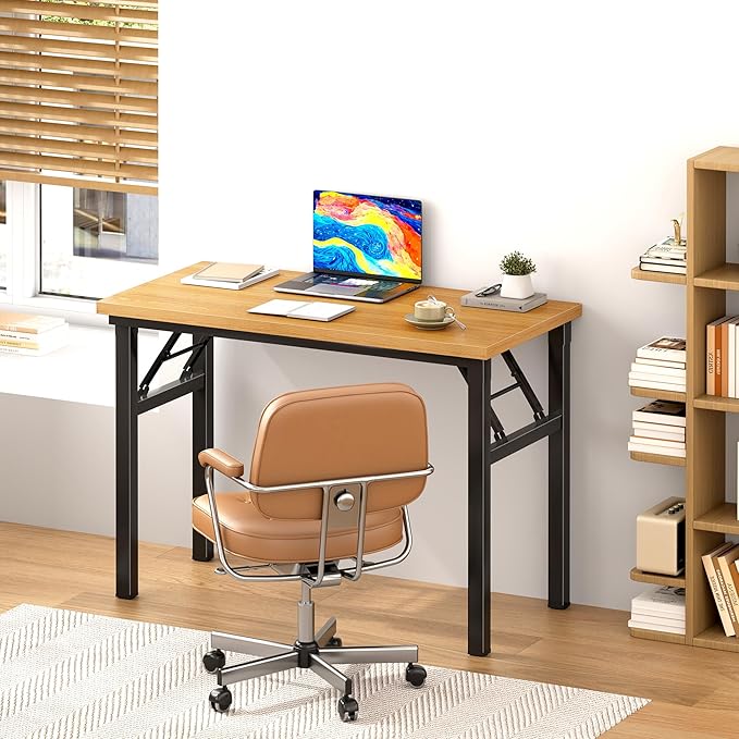 SDHYL 31.5inches Collapsible Desk for Home Office Workstation, Study and Writing, Teak Board and Black Leg