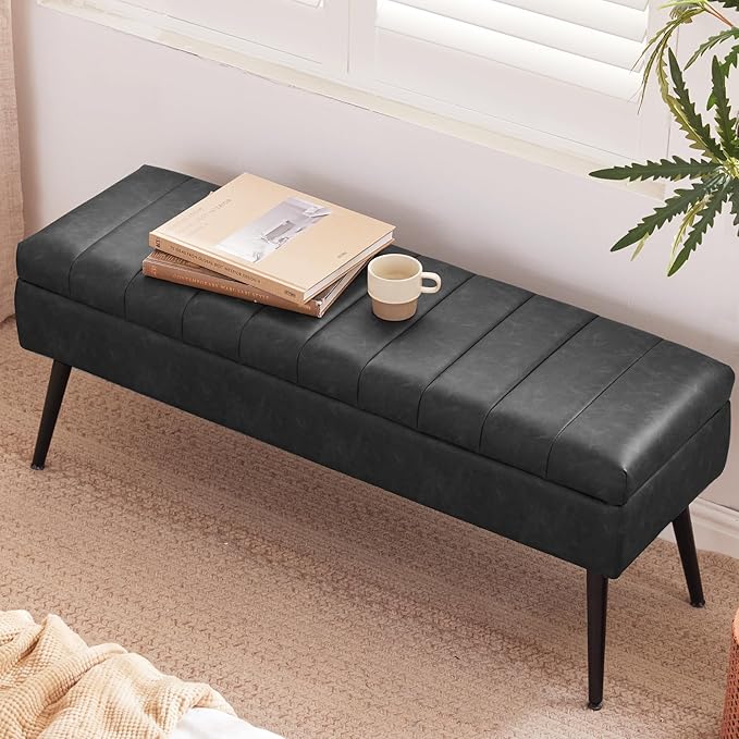CUYOCA Storage Ottoman Bench, 43.5" Faux Leather Upholstered Entryway Bench, Long Ottoman with Storage for Living Room, Support 660lbs - Black