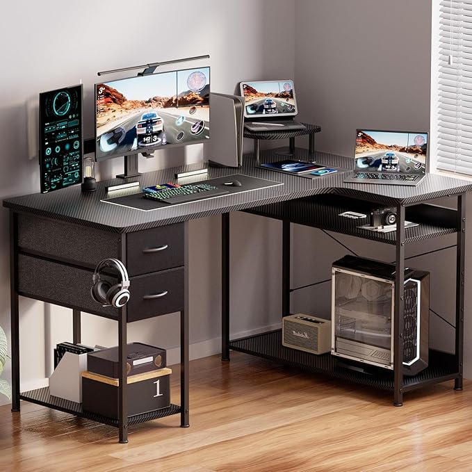 GTPLAYER L Shaped Desk with Drawers, Carbon Fiber Style Computer Desk with Monitor Shelf, Black Small L Shape Desk with Adjustable Open Storage Shelf, Corner PC Table for Small Space Home Office