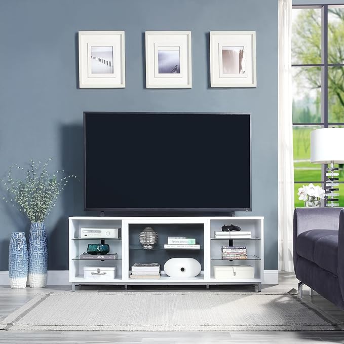 Manhattan Comfort Brighton 60" TV 7 Shelves, Tempered Glass Dividers and Media Wire Management, Modern Free-Standing Entertainment Center for Living Room, Fits up to 56" Television, OneSize, White
