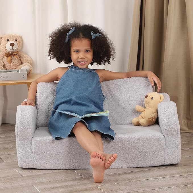 Extra Wide Toddler Chair, 2-in-1 Toddler Couch Fold Out, Convertible Sherpa Sofa to Lounger for Boys & Girls, Grey