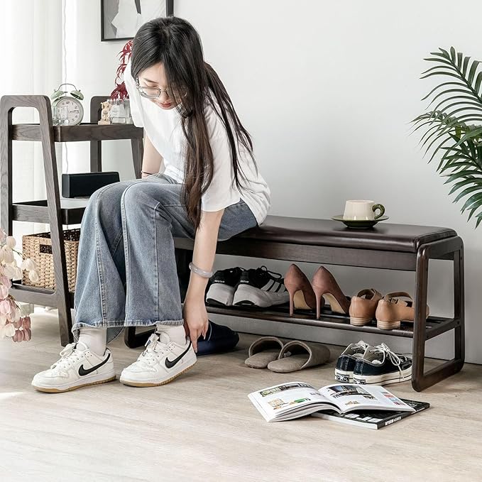 Shoe Bench, Entryway Bench with Leather Cushion, Solid Wood Shoe Rack, Mid Century Modern Bench, Shoe Storage, Shoe Organizer for Entryway (Grey, 39.4" W)