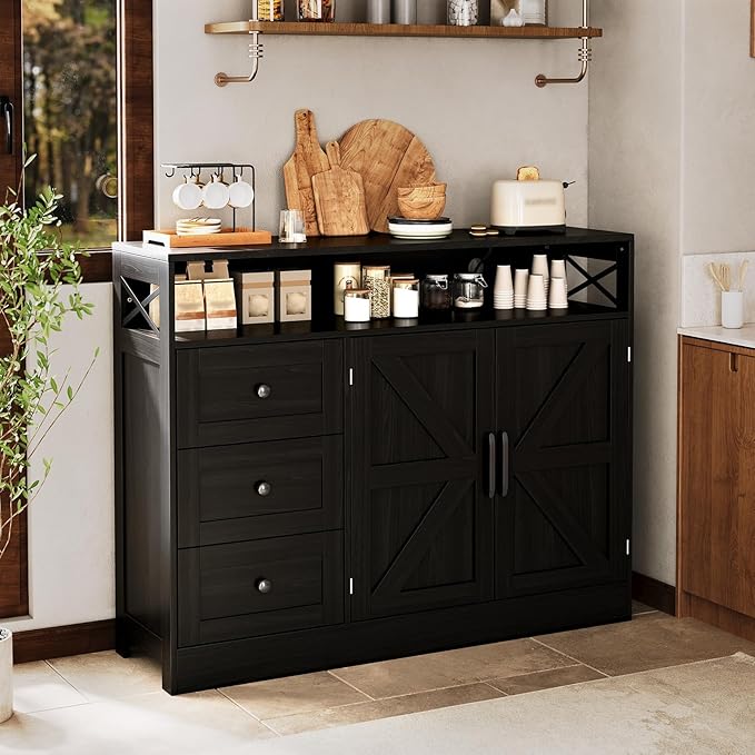 47" Farmhouse Sideboard Buffet Cabinet with Storage & Built-in Power Outlet,Coffee Bar Table Kitchen Buffet Cabinet with 3 Drawers and Barn Doors, Adjustable Shelves for Living Room Dining Room Black