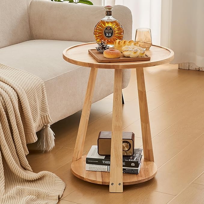CozyDH Round End Table, Wooden Narrow/Little Coffee/Sofa/Couch SideTable with Lower Shelf for Living Room Bedroom, Solid Wood Bedside Nightstand, Natural