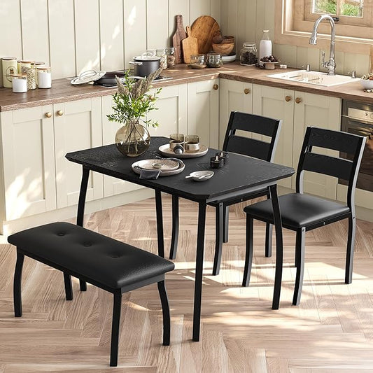 GAOMON Dining Table Set for 4, Wooden Kitchen Table with Upholstered Bench & 2 Cushion Chairs, Space-Saving Dinette Set for Studio, Kitchen, Dining Room, Apartment(43''x28''x30''), Black