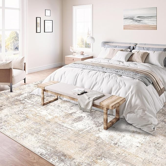 5x7 Washable Area Rug Beige Grey Neutral Abstract Living Room Bedroom Throw Rug Non Slip Soft Low Pile Indoor Floor Carpet for Dining Room Kitchen Office Entryway Home