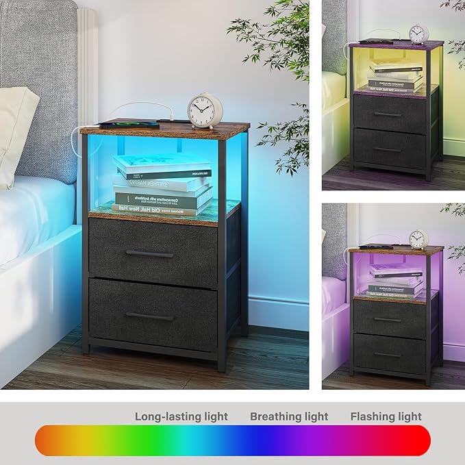 TUTOTAK LED End Table with Charging Station, Nightstand with Cloth Drawer, Side Table with 1 USB Port and 1 Type-C Port, Set of 2, Couch Table, Brown and Black TB01BB052KL