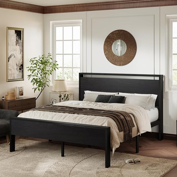 Allewie Full Size Platform Bed Frame with Wooden Headboard and Footboard, Heavy Duty 12 Metal Slats Support, No Box Spring Needed, Under-Bed Storage, Noise Free, Easy Assembly, Black Oak