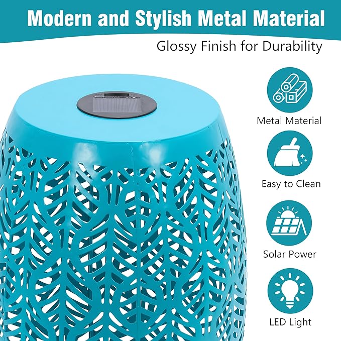 HPC Decor Outdoor Side Table - 18.3" Tall Iron Side Table with Waterproof Solar Powered Light, Cutout Blue End Table,Small Patio Side Table for Outside,Backyard, Pool, Indoor,Decorative Garden Stool.