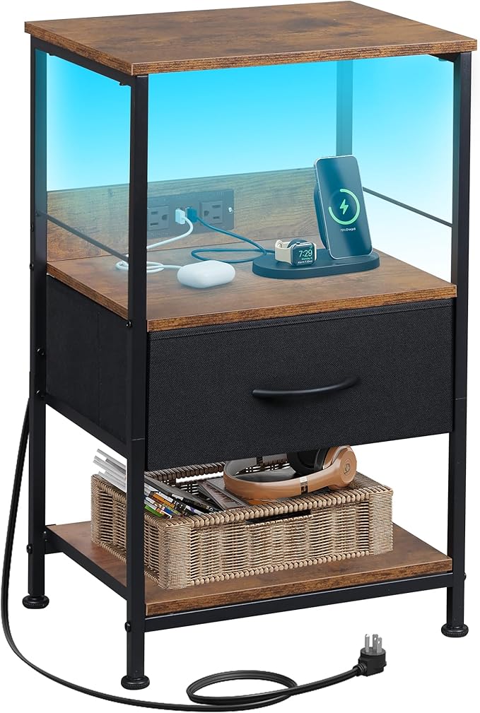 WLIVE LED Night Stand, Nightstand with Charging Station, Small Bed Side Table with Fabric Drawer and Open Shelves, Tall End Table with USB Ports & Outlets, Black and Rustic Brown