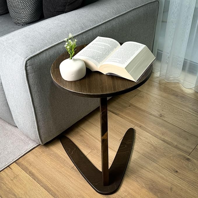 C-Shaped Handmade Solid Wood End Table, Side Table for Couches, Sofa Tables Slide Under Couch for Living Room, Over Couch TV Tray Table for Small Spaces (Medium, Dark Walnut)