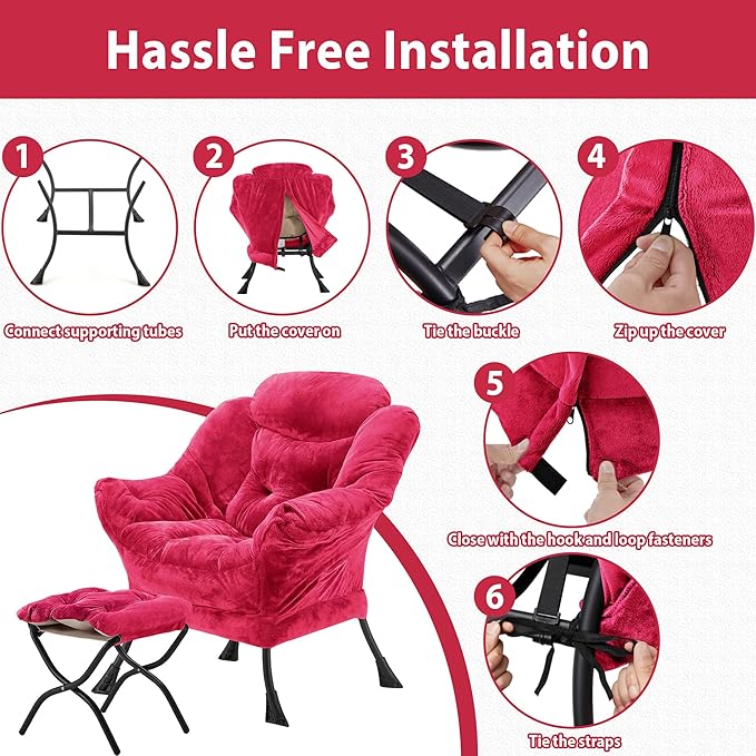 Lazy Chair with Folding Ottoman, Accent Chair Plush Upholstered with Metal Structure and Non-Slip Pads, Sofa Armchair with Footrest and Side Storage Bag for Dorm, Room, Office, Rose Red