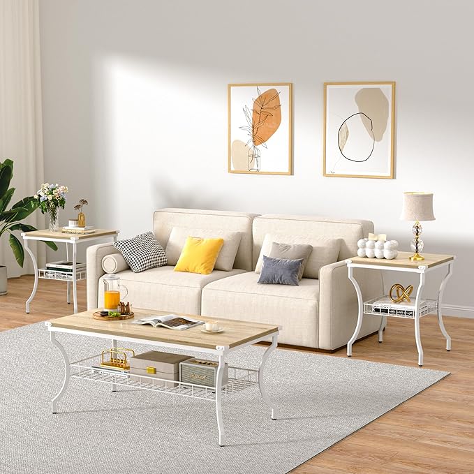 VECELO 3 Pieces Living Room Table Sets, Coffee and End Tables with Open Storage Shelves for Apartment, Home Office, Small Space, Easy Assembly, White Oak