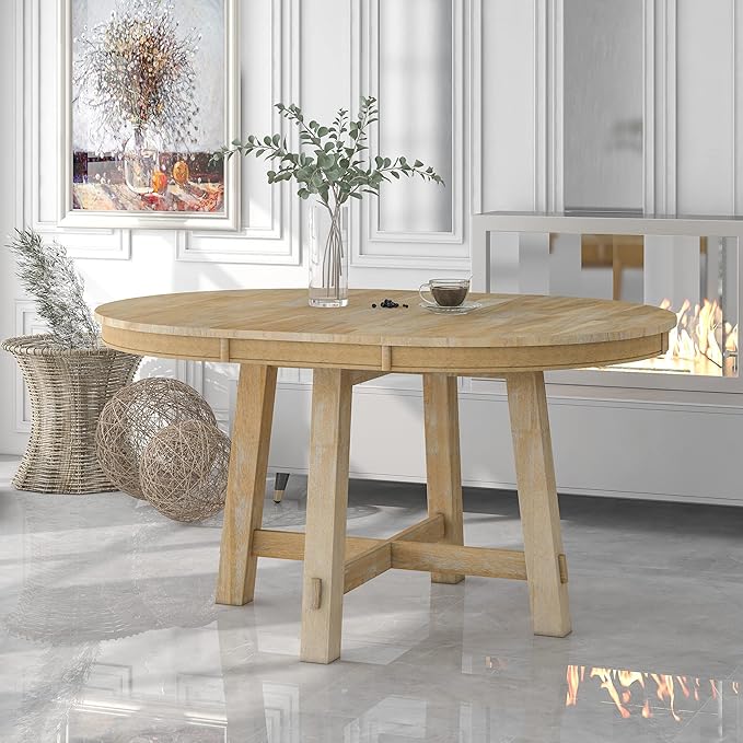 Need Extendable Farmhouse Round Dining Table with 16" Leaf - Solid Wood Kitchen Table, Adjustable Size for Small Spaces (Natural Wood Wash)