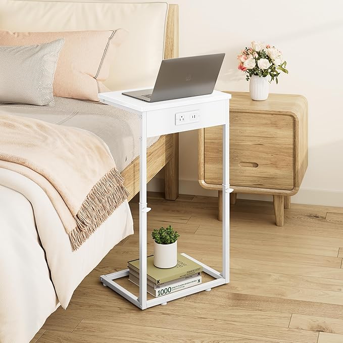 Vagusicc C Shaped End Table with Charging Station, Adjustable Height Side Table for Couch, Small End Table Small Spaces, 33.2'' Tall Couch Tables that Slide Under, Tv Tray Table for Living Room, White