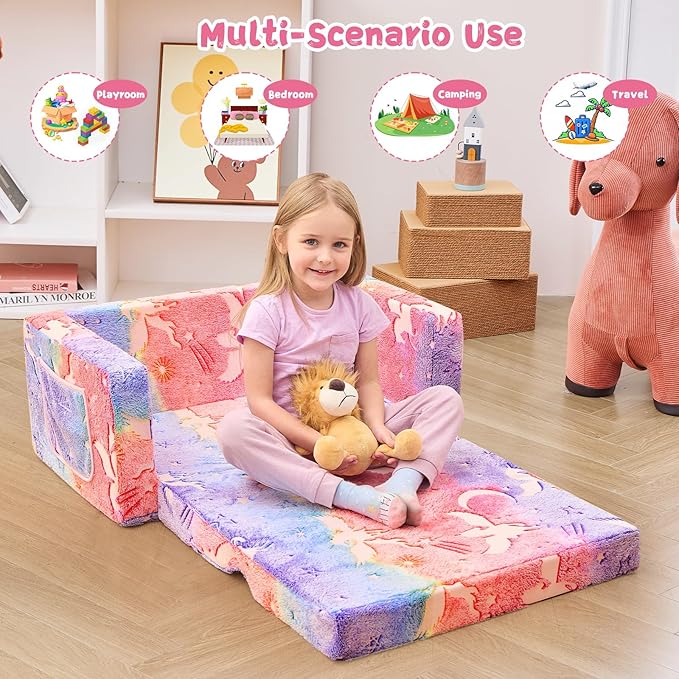 Toddler Chair Comfy,2-in-1 Soft Toddler Couch Fold Out for Kids,Convertible Sofa to Lounger,Gift for Girls and Boys Birthday,Elf,Large
