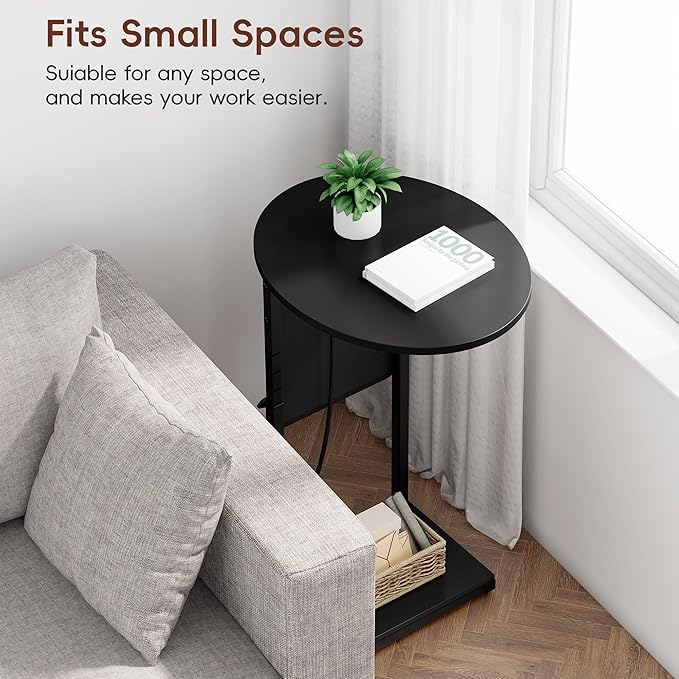 Vagusicc C Shaped End Table with Charging Station, 32" Tall Side Table for Couch and Recliner, Adjustable Height Small Couch Side Table Slide Under Sofa TV Tray Table for Living Room, Bedroom, Black
