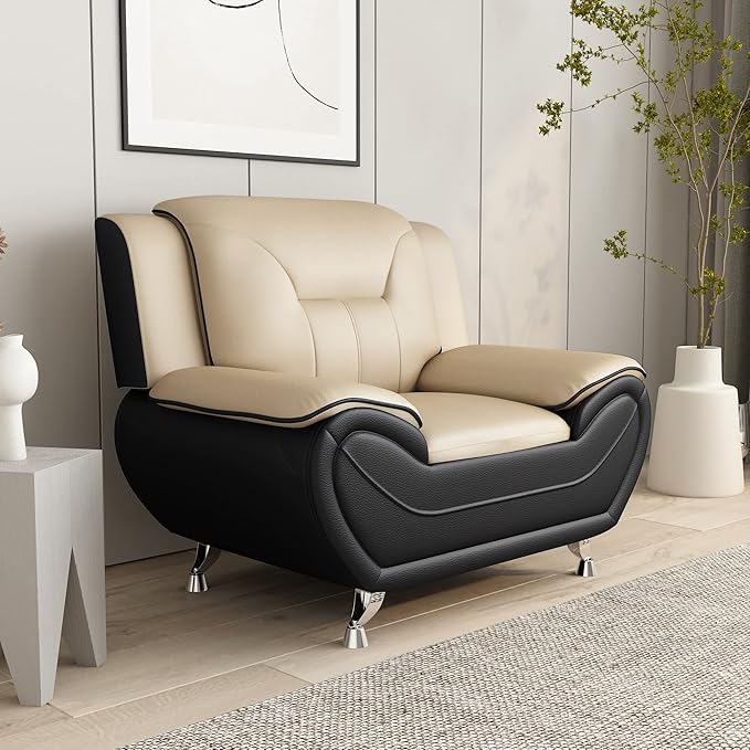 Container Furniture Direct Michael Modern Faux Leather Upholstered Stainless Steel Legs Living Room Sofa, Chair, Camel/Black