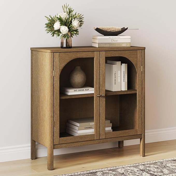 Nathan James Mason Storage Cabinet, Free Standing Accent Sideboard Buffet, Credenza with Glass Doors and Adjustable Shelf in Brushed Light Brown Wood for Dining Room, Entryway and Living Room