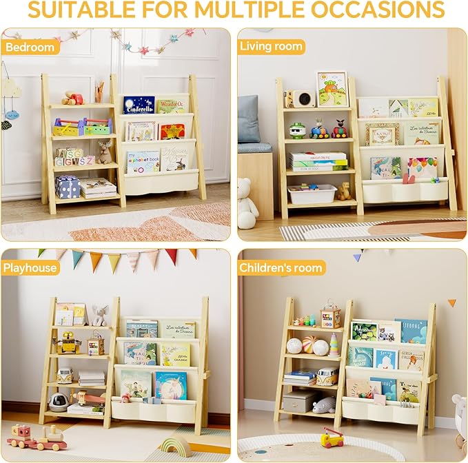 Toy Storage Organizer with Kids Bookshelf, Montessori Wooden Toy Organizer Book Shelf for Kids Rooms, Nursery, Playroom, Child, Baby, Toddler Bookcase, Toys Rack Fabric Sling Book Shelves