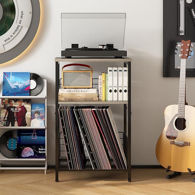 X-cosrack Record Player Stand with Storage Up to 100 Albums, 3 Tier Vinyl Record Storage for Living Room, Turntable Stand with Record Holder & Display Shelf(Patent Pending)(Greige & Black)