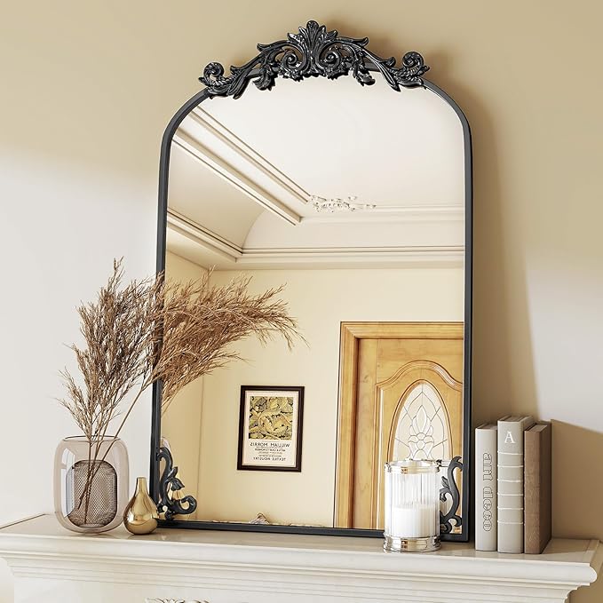 26x38 inch Vintage Arched Bathroom Mirror - Gorgeous Wall Vanity Mirror with Beautiful Retro Top and Bottom Engraving Process Frame for Entryway Hallway Living Room, Black